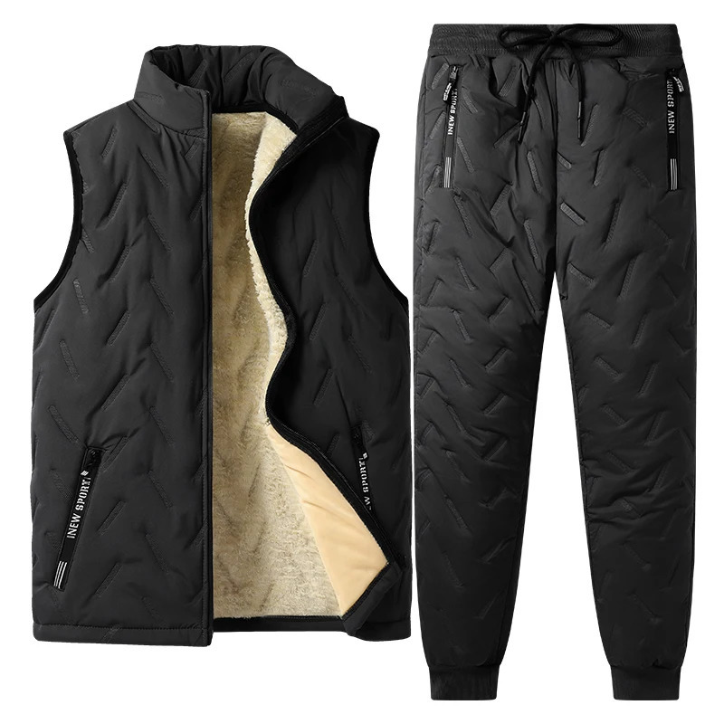 Mens autumn and winter sports suit stand collar sleeveless cardigan jacket outdoor thick warm vest and pants two-piece set 251205