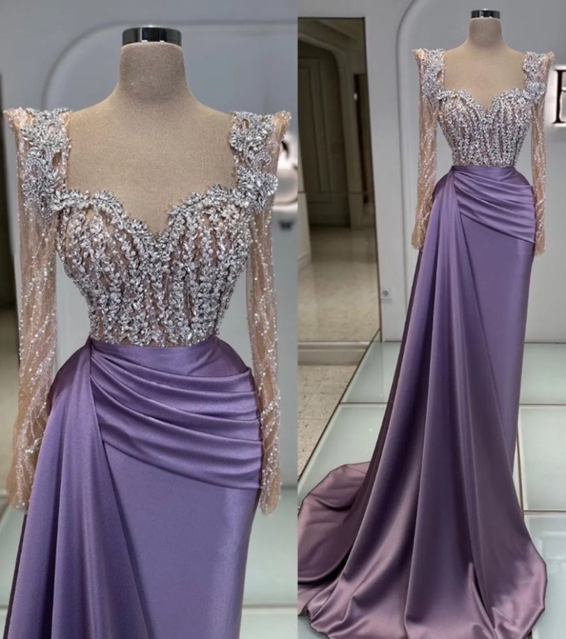 Elegant Lavender Purple Evening Dresses Sheer Beaded Sequins Crystals Long Sleeve Sweetheart Prom Party Gowns Women Formal Occasion Vestidos D03