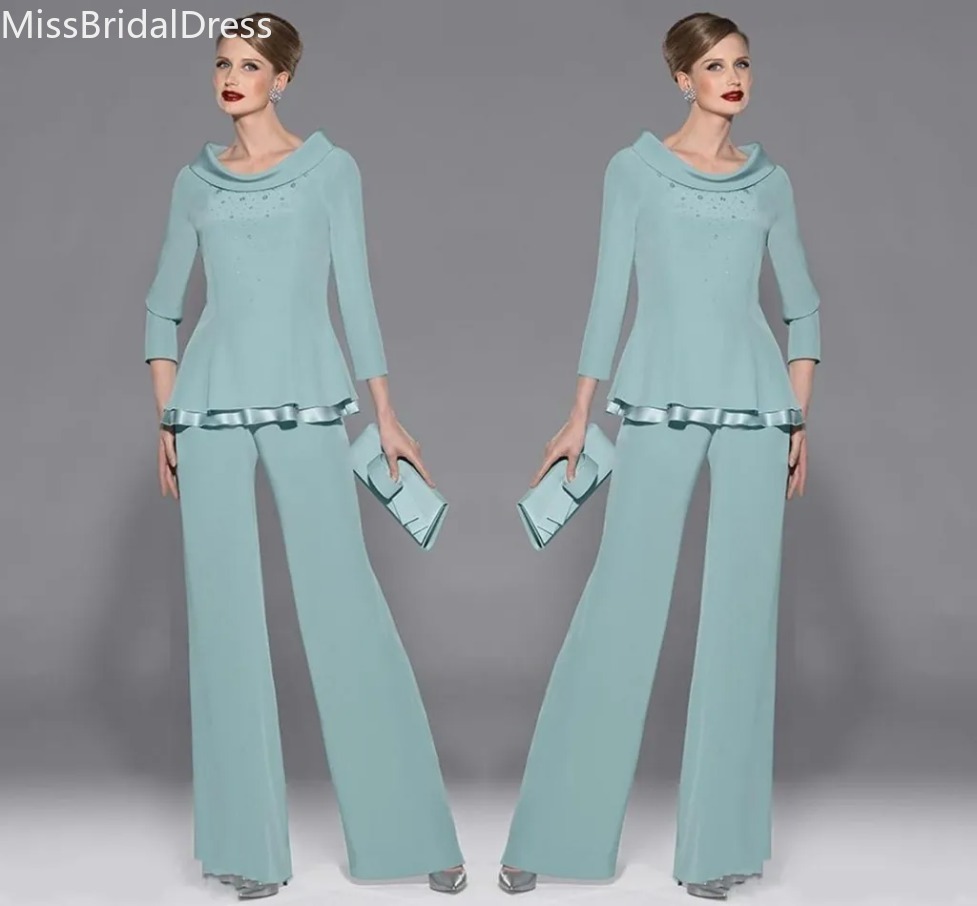 Elegant Mint Green Chiffon Mothers Pants Suit Mother's Dresses Jewel Neckline Long Sleeve With Beads And Sequins Two Pieces For Wedding Party G