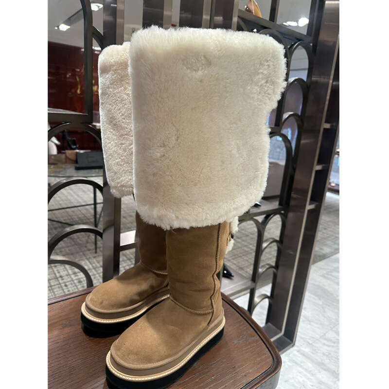 Luxury Shoes Designer Shoes Brand Shoes Cowhide Version~ Retro Chunky Heel Snow For Women Winter Warm Over-The-Knee With Fleece Cotton Non-Over-The-