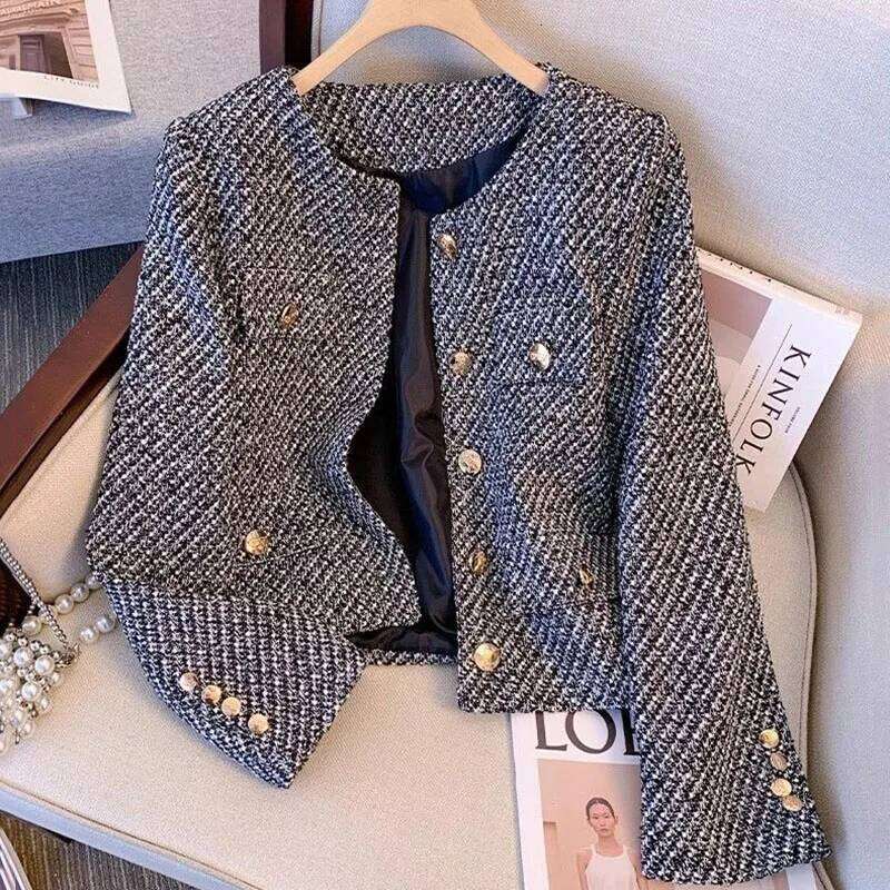 Cropped Tweed Jacket For Women New Autumn Winter Korean Single Breasted Coat Ladies Luxury Chic Pocket Woolen Outwear