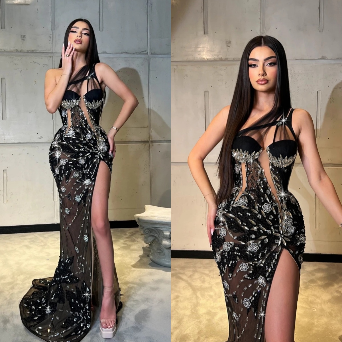 Abiti da sera eleganti con una spalla Abito da ballo senza maniche con perline di cristallo sexy Abito da festa lungo con spacco laterale alto perso