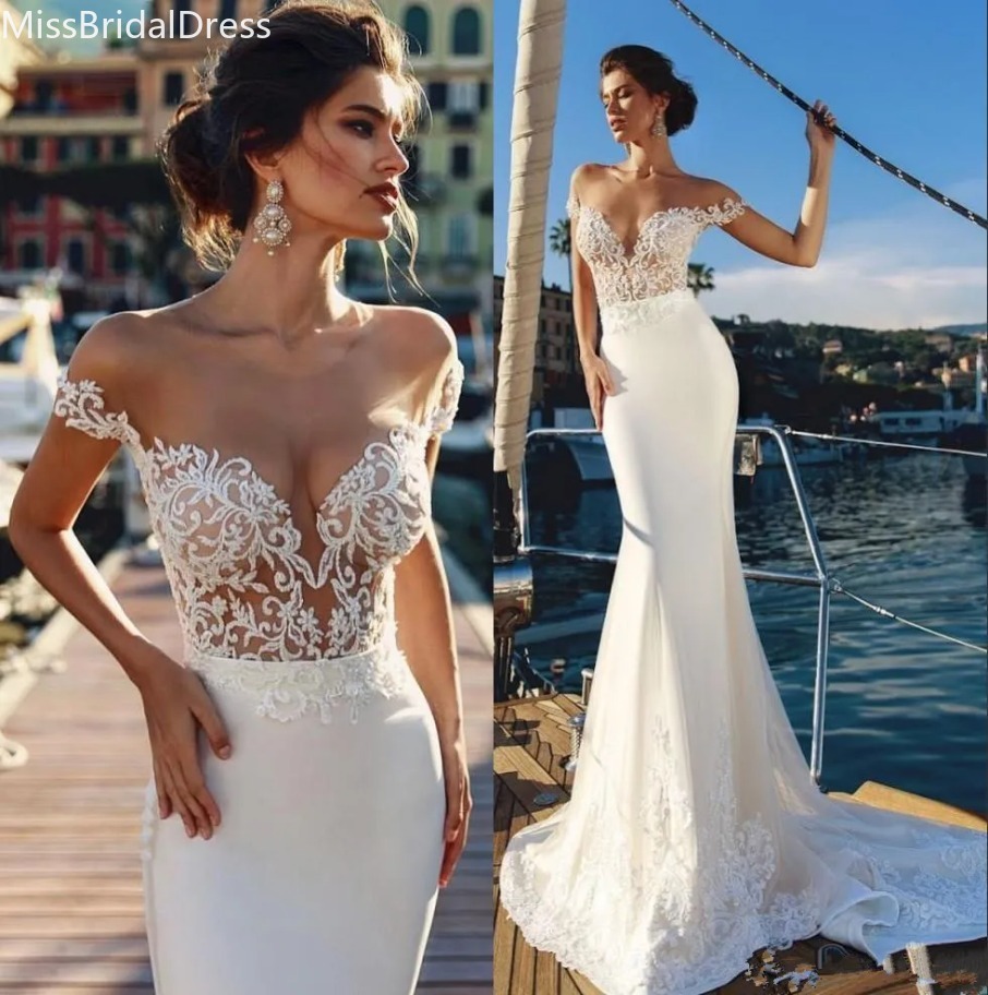 Beach Mermaid Wedding Dresses Off-Shoulder Lace Satin Sweep Train Bridal Gowns for Boho Brides 1208 New