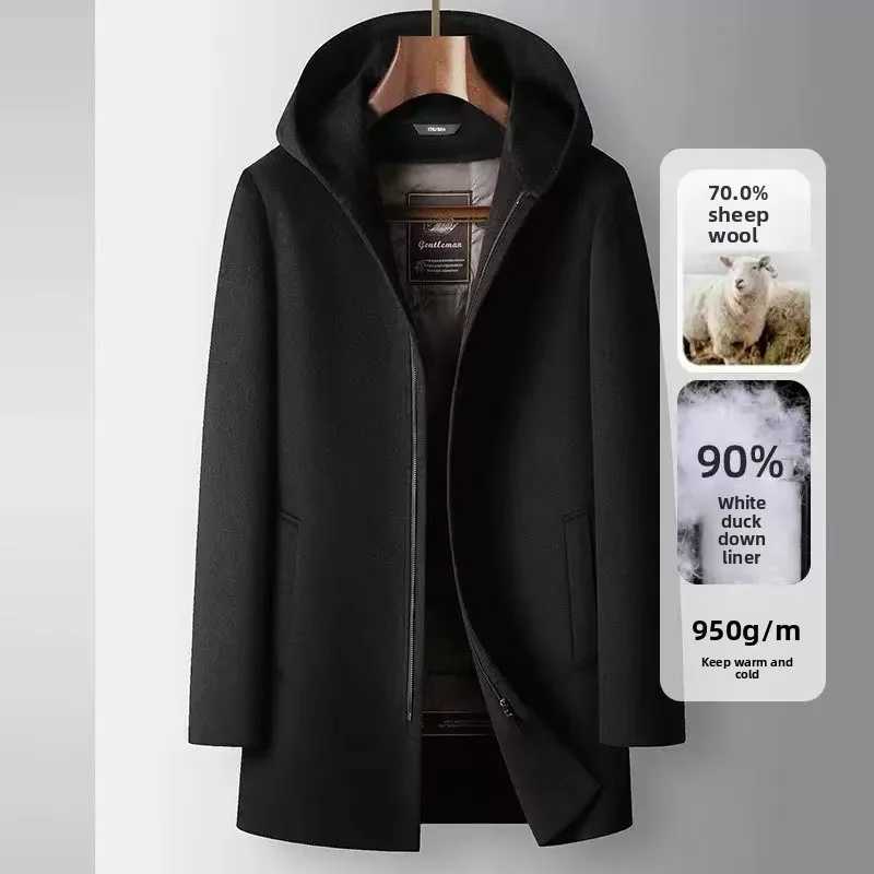 2025 Winter New Mens Hooded Woolen Coat Detachable Down Inner Tank Wool Content 70 Thickened Warm Medium to Long Casual Coat M251208