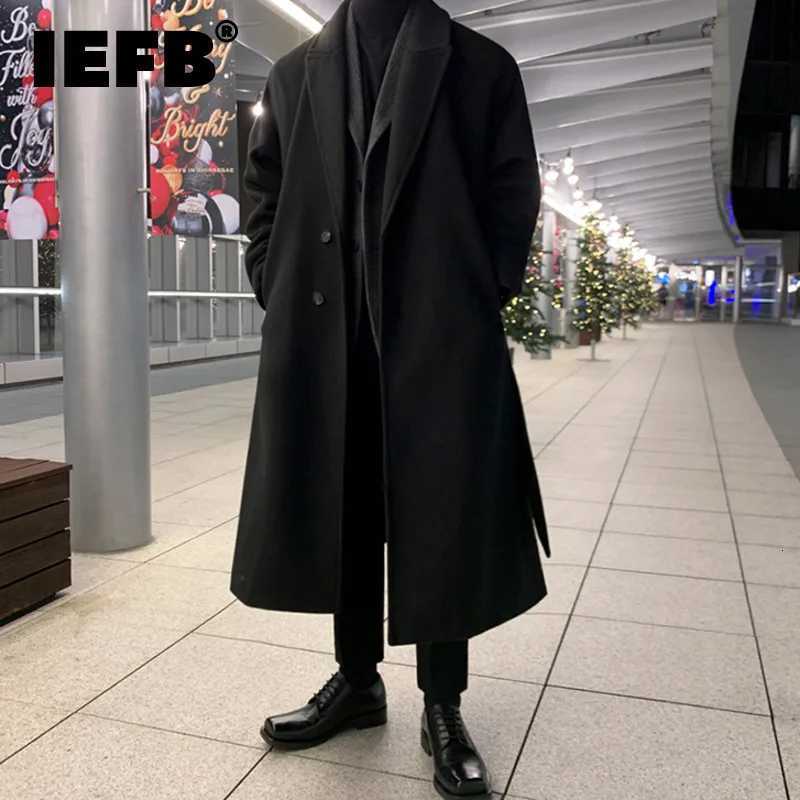 IEFB Casual Autumn Male Korean Style Woolen Coat Solid Color Lapel Single Breasted Overcoat With Belt Over Knee Length 9D1655 M251208
