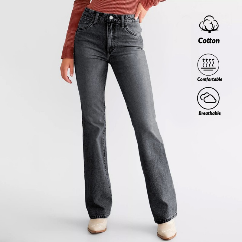 Jeans a zampa grigio scuro a vita alta da donna - Pantaloni bootcut slim fit in denim elasticizzato per abbigliamento casual/da ufficio 25038#
