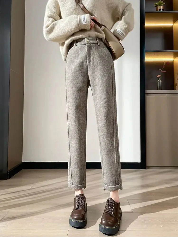 Womens Winter Woolen Pants Thicken Warm AnkleLength Harem Office Khaki Elastic Waist Fashion Trousers for Ladies 251129