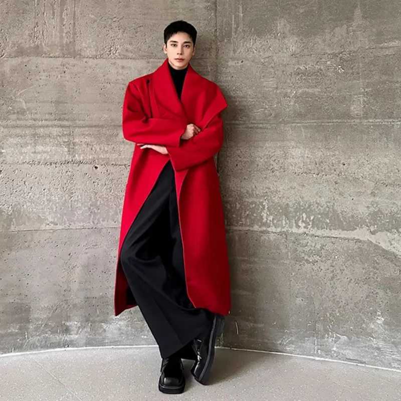Korean Style Mens Woolen Overcoats Casual Big Lapel Slit Double Breasted Overknee Solid Color 2024 Autumn Male Trench M251208