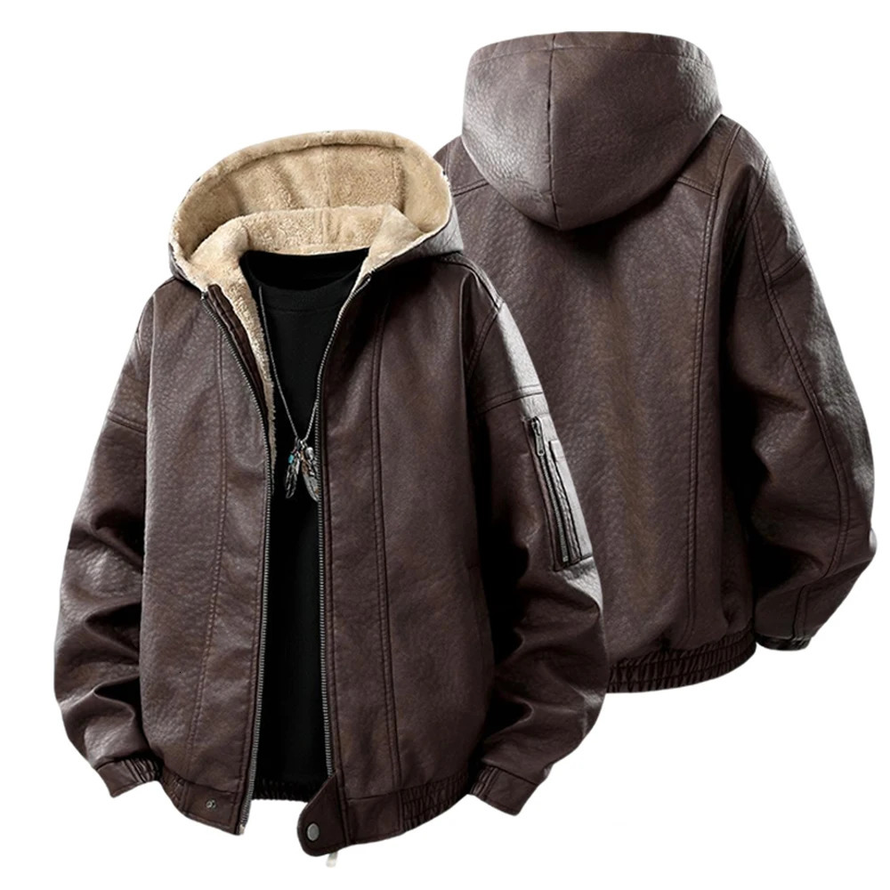 Mens Fashion Casual Leather Jacket Winter Thick Warm Hooded Jacket Outdoor Thickened Windproof Hoodie Coat Trend Biker Jacket 251205BJ