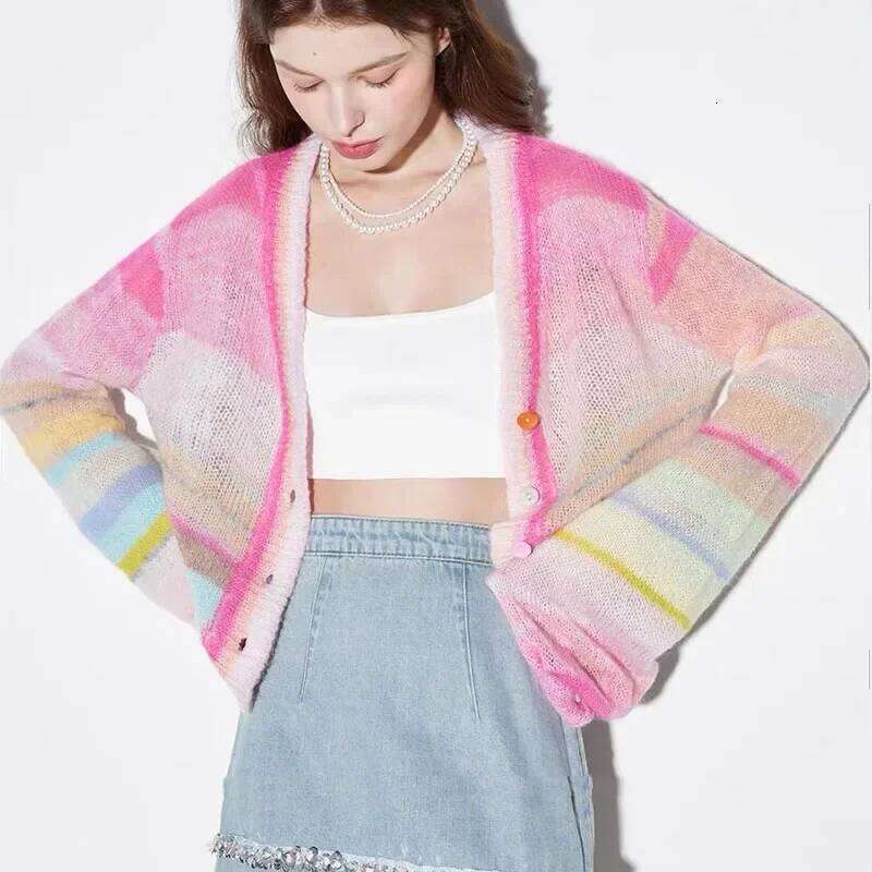 Dopamine Pink V-Neck Sweater Knitted Cardigan Women's Autumn Korean New Fashion Age-Reducing Jacket Wear