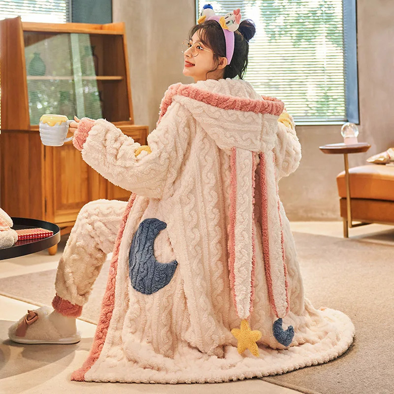 Sweet Womens Pajamas Set 2 Pieces With Pant Hooded Coral Fleece Ladies Sleepwear Winter Thick Warm Home Suit For Female 251129