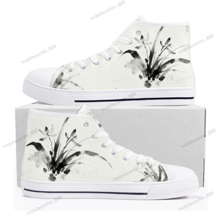 Baskets montantes en toile pour hommes et femmes, chaussures de marche classiques à lacets, éléments de peinture à l'encre de styliste senior