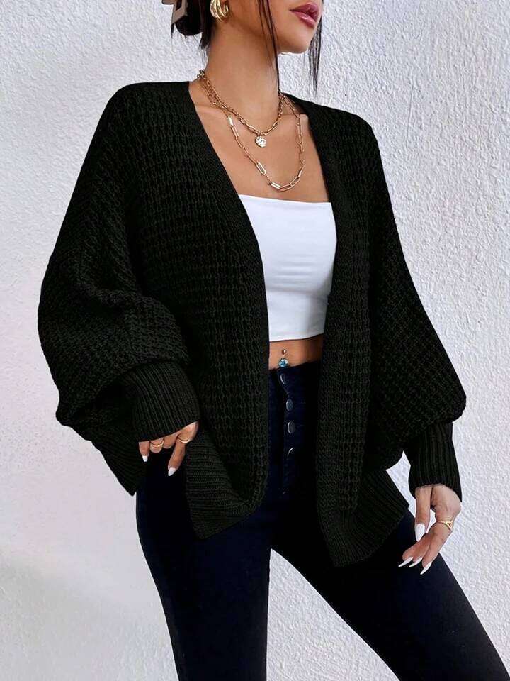Fashionable And Elegant Solid Color Knitted V-Neck Mid Length Hollowed Out Cardigan Sweater Women's Top