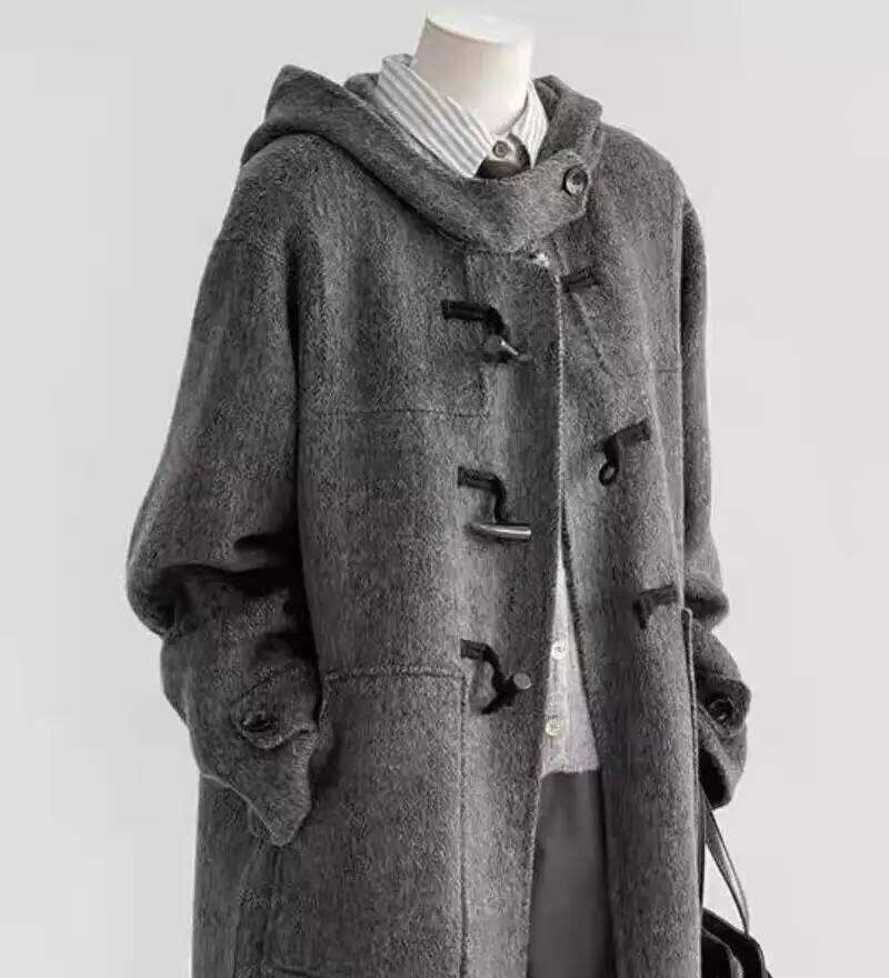 Cow Horn Buckle Gray For Women New Autumn And Winter High End Hooded Loose Woolen Coat Luxury