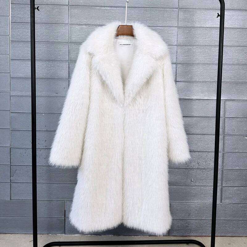 Winter Women Faux Jacket Bright Color Furry Suit Collar Artificial For Female Instagram-Style Long Lady Fur Coat