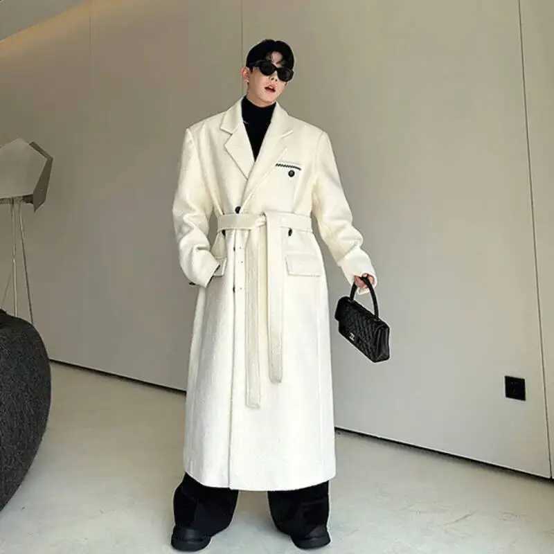 Korean Design Mens Woolen Overcoats Casual Thickened Lace-up Embroidery Single Breasted Lapel Long Male Trench New M251208