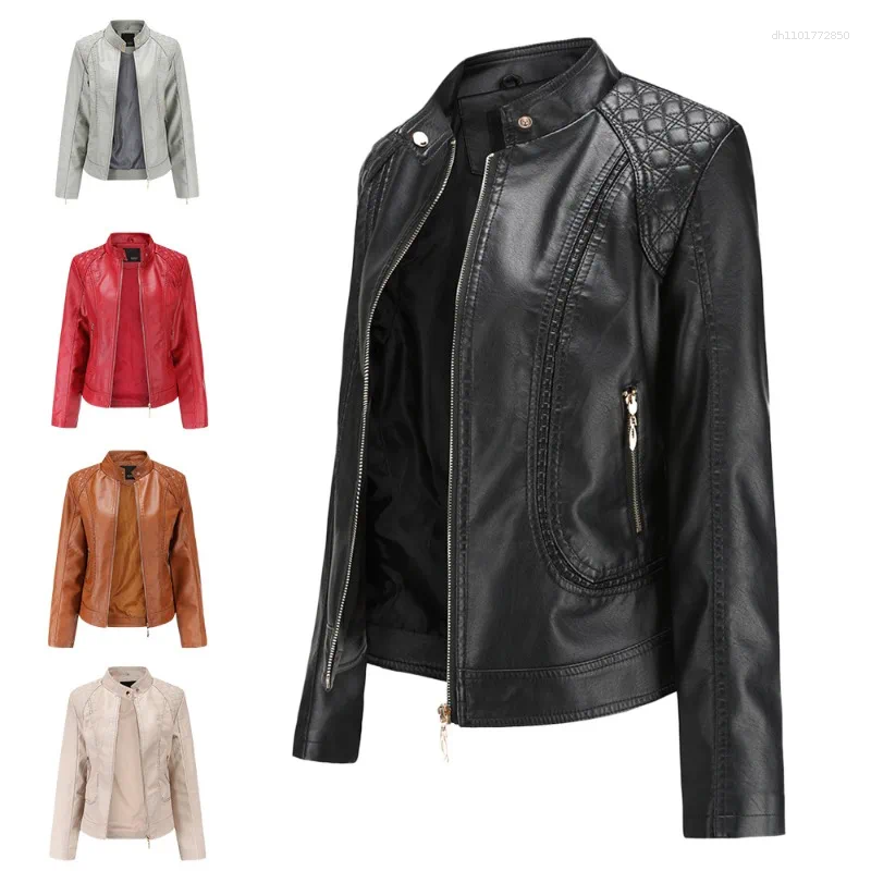 Women's Jackets Black Stand Up Collar Faux Leather Jacket Autumn Zipper Casual PU Outdoor Fashionable Wearing
