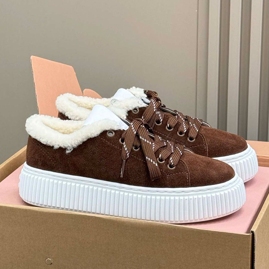 High quality Suede Warm brown fur sneakers Winter Lace up platform wool casual shoes Snow shoes fluffy furry tennis shoes Sport shoes Luxury designe