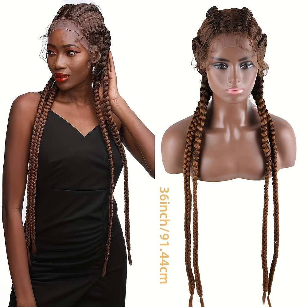 Elegant 4-Strand Lace Front Braided Wig - High-Density 180% Synthetic Fiber, Versatile Black Box Braids With Hoop Earrings-Compatible