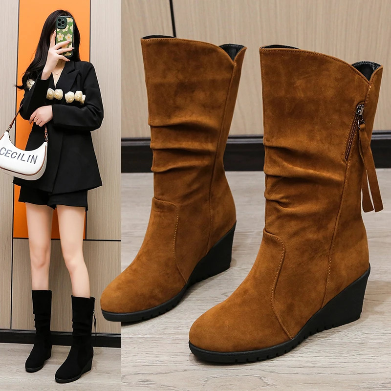 Vintage Faux Suede Wedge Ankle Boots for Womens Autumn Winter Warm Plush Flat Heels Short Boots Woman Slip on Cowboy Botas 251204