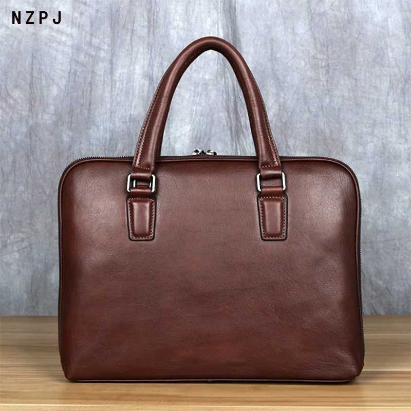 Vintage Mens Briefcase Top Layer Cowhide Casual Handbag Leather Business Shoulder Messenger Bag Brown 14 Inch Laptop Bag NZPJ Z251208