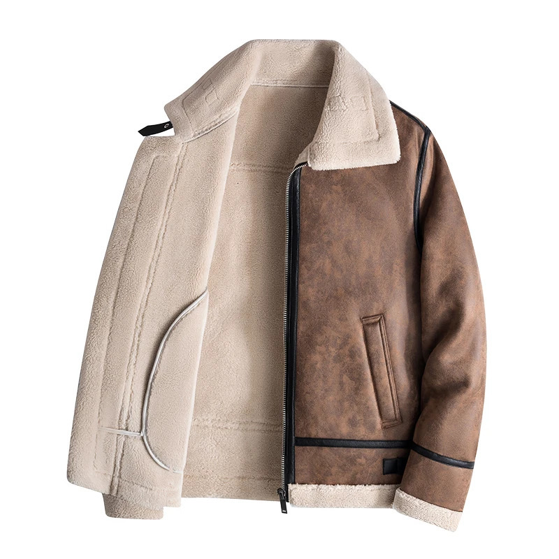 Mens Fleece Leather Motorcycle Short Jacket Fur Coat High Quality High Appearance Level Fur Integrated Flight Suit 251203