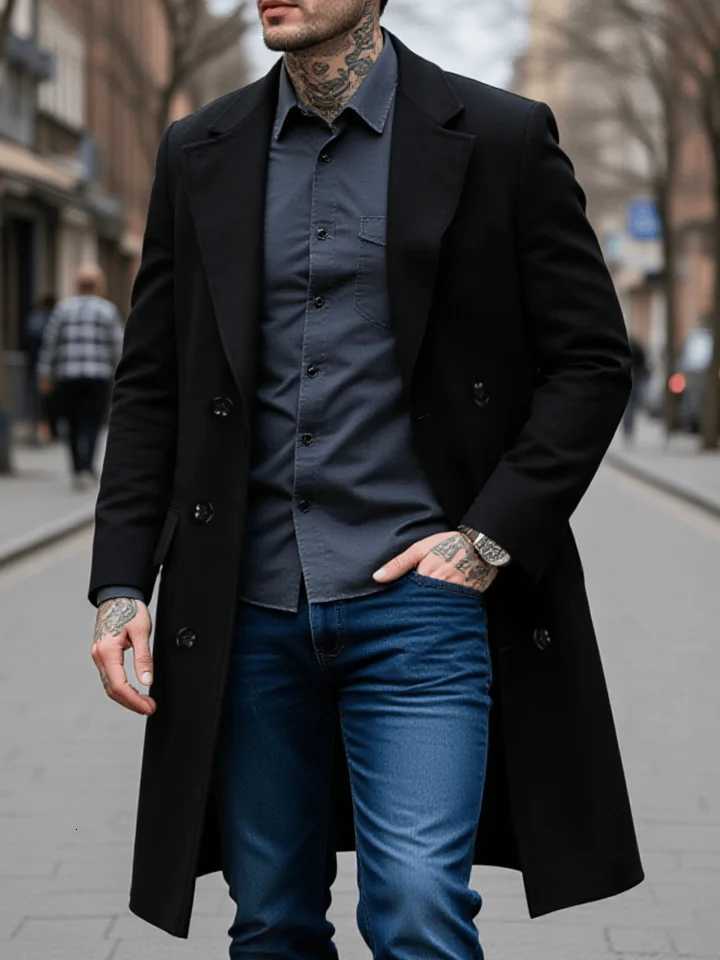 Mens Double-Breasted Woolen Jacket Thickened Lined Coat for Winter Chill Protection - Solid Color New Style M251208