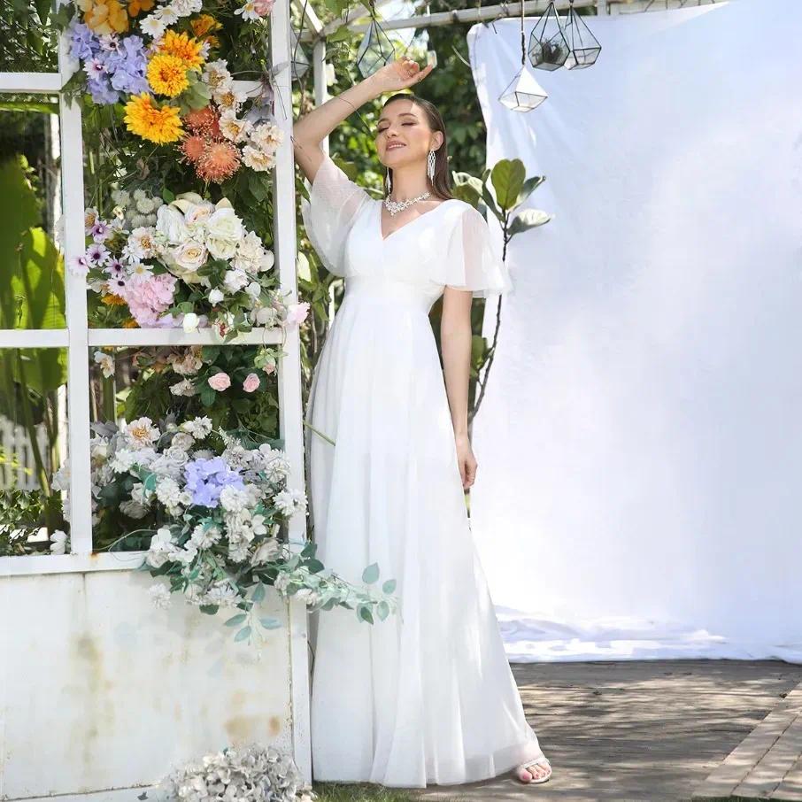 CPS3014 White Wedding Dresses - Elegant V-Neck Pleated A-Line Bridal Gowns with Sheer Sleeves for Garden Weddings