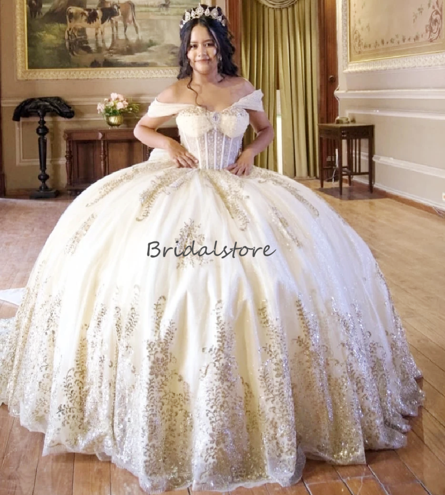 Cream Luxury Vestidos De 15 Quinceanera Dress 2026 Fluffy Ball Gown Off Shoulder Appliques Lace Vestio De Xv Anos Party Gowns Birthday Occasion Form