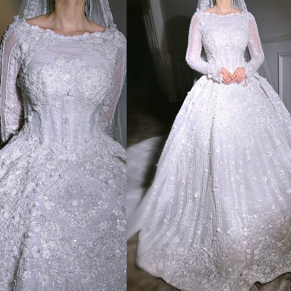 Arabic Lace Ball Gown Wedding Dresses For Bride Luxury Puffy 3D Flowers Long Sleeve Princess Bridal Gowns Customized Robe De Mariee