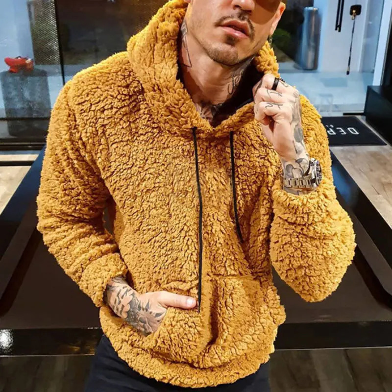 Mens Fleece Hooded Sweatshirt Fashion Casual Solid Color Loose Teddy Applique Bundled Rope Hoodie with Pocket Autumn Clothing 251204