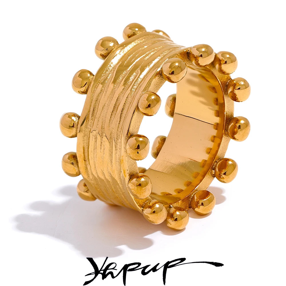 Yhpup 316L Stainless Steel Fashion Wide Ring Women Statement Texture Gold Color 18K PVD Plated Waterproof France Finger Jewelry 251202