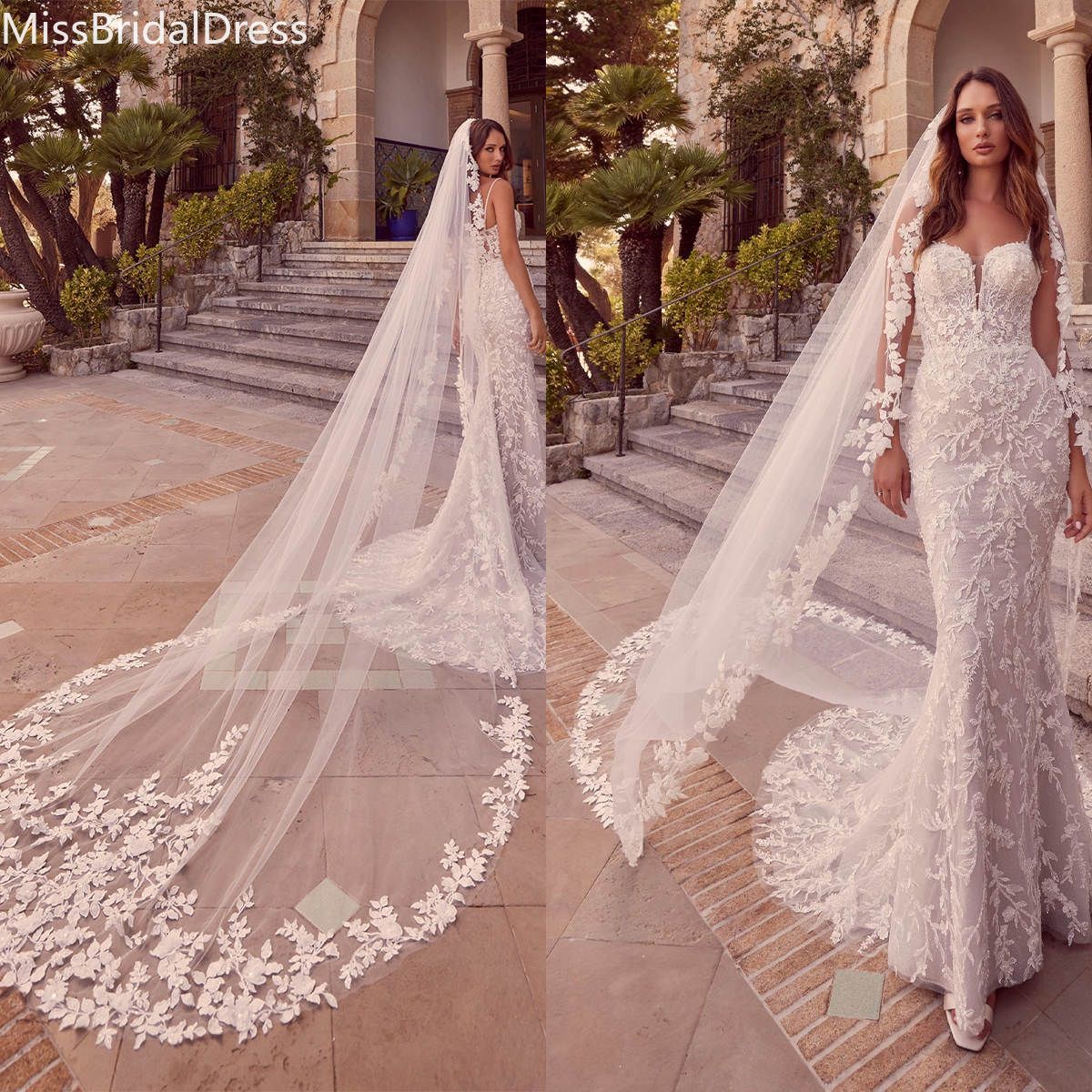 Cathedral Wedding Veil with Delicate Floral Applique, One-Layer Long Veil, Elegant Lace Edge, Custom Length Available, Bridal Velo De Cabeza 1208 Ne