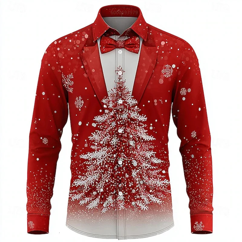 Christmas Mens Snowflake Tie Print Shirt Button Long Sleeve Festival Autumn and Winter Lapel Shirt Fast 251205