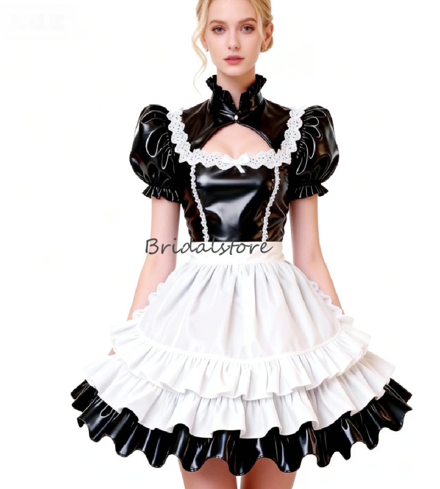 Cosplay Abito da sera in bianco e nero Manica corta a sbuffo Costume da cameriera Abito da ballo vintage in PVC Cocktail Cena Abiti da festa Vestio