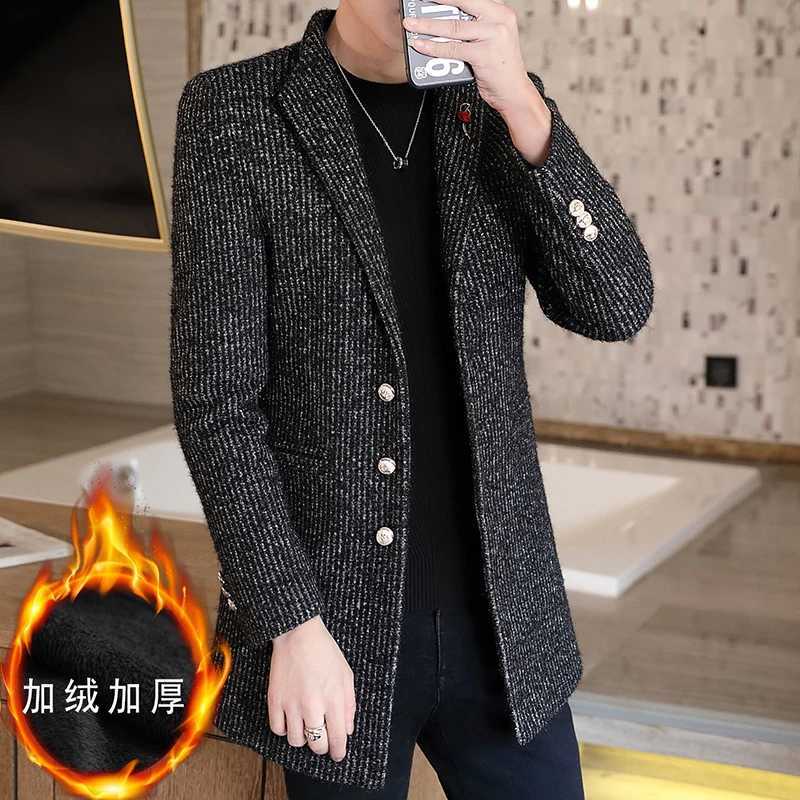 2023 Autumn Winter Striped Woolen Jackets Men Mid Length Trench Coat Thickened Warm Windbreaker Casual Business Overcoat M251208