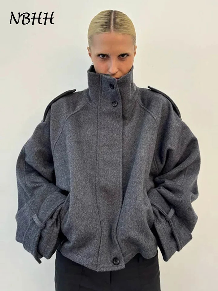 Loose Stand Collar Womens Woolen Coats Long Sleeve Single Breasted Pockets Jacket 2025 Autumn Winter Lady Outerwear Street 251205