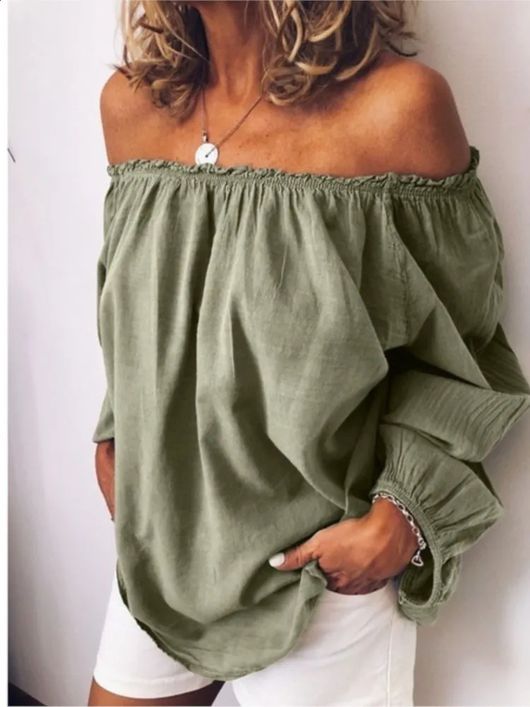 Spring Autumn Offshoulder Long Sleeved Solid Blouse Loose Top Womens Casual One Neckline Pleated Elastic Ladys Shirt Tops 251209