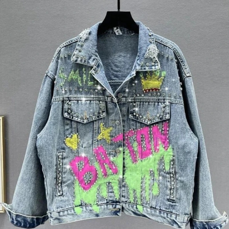 Spring Autumn Chic Letters Hand Painted Graffiti Diamonds Beads Denim Jacket Rhinestones Jeans Coat Crystal Cow Cardigan Tops 251201