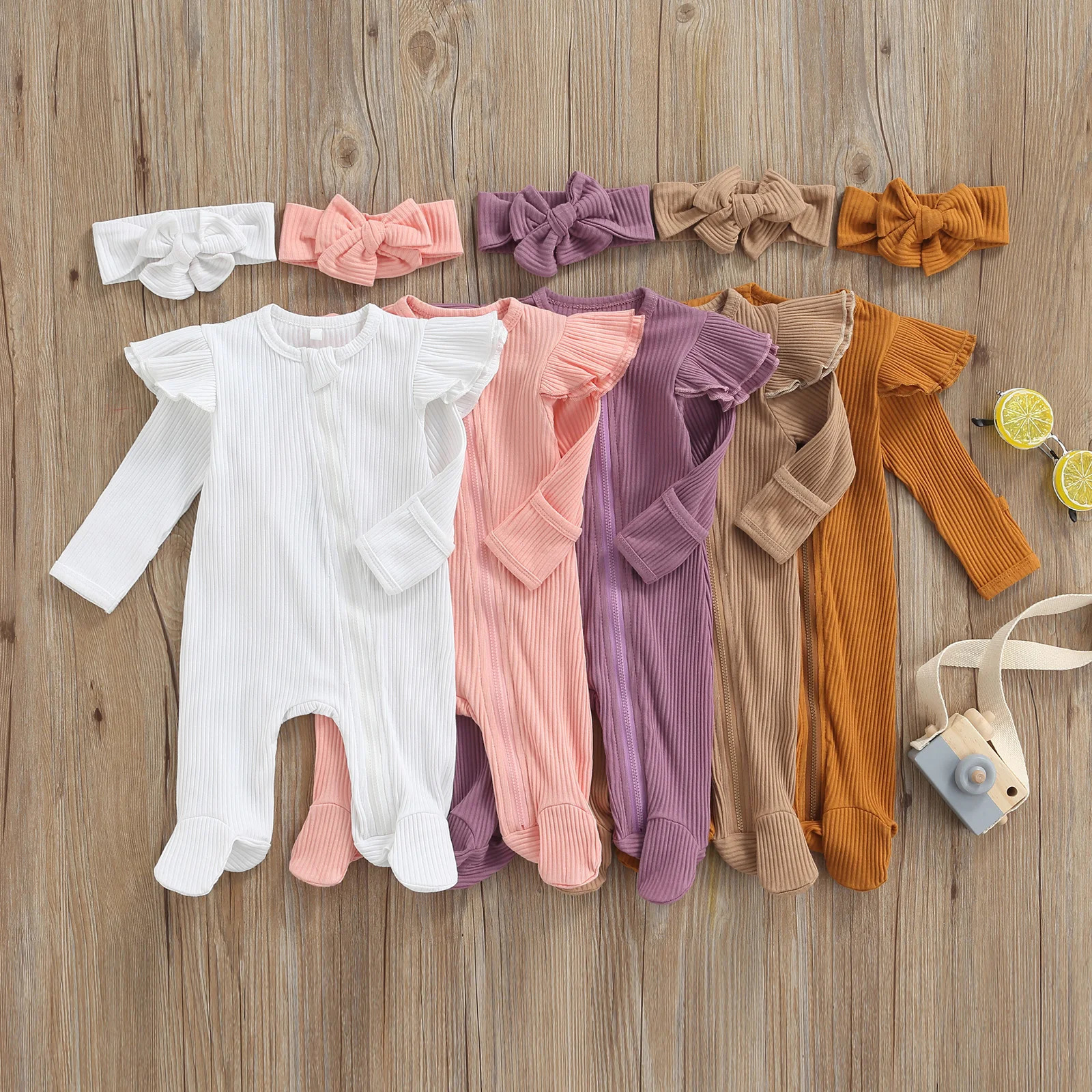2Pcs Unisex Baby Fall Set Solid Color Ribbed Long Sleeves ZipUp Footed Footies Jumpsuits Hairband for Girls Boys 06 Months 251018