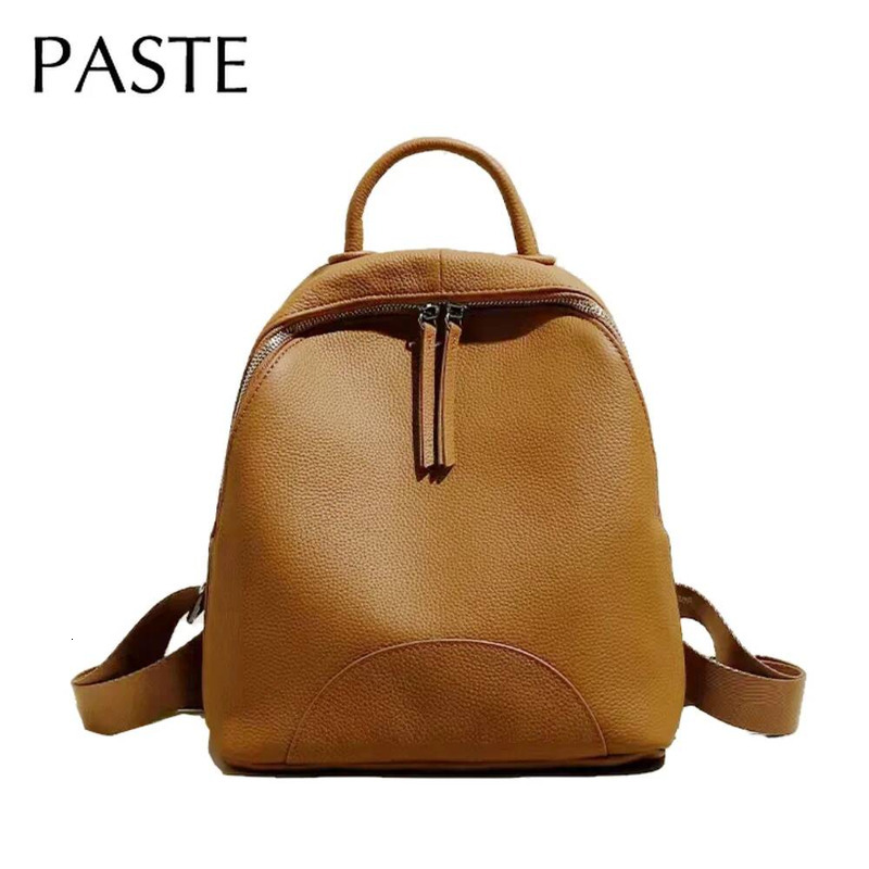 Simple All-Match First Layer Cowhide Leather Fashion College Ladies Bookbag Rucksack High Quality Women's Backpack Camel