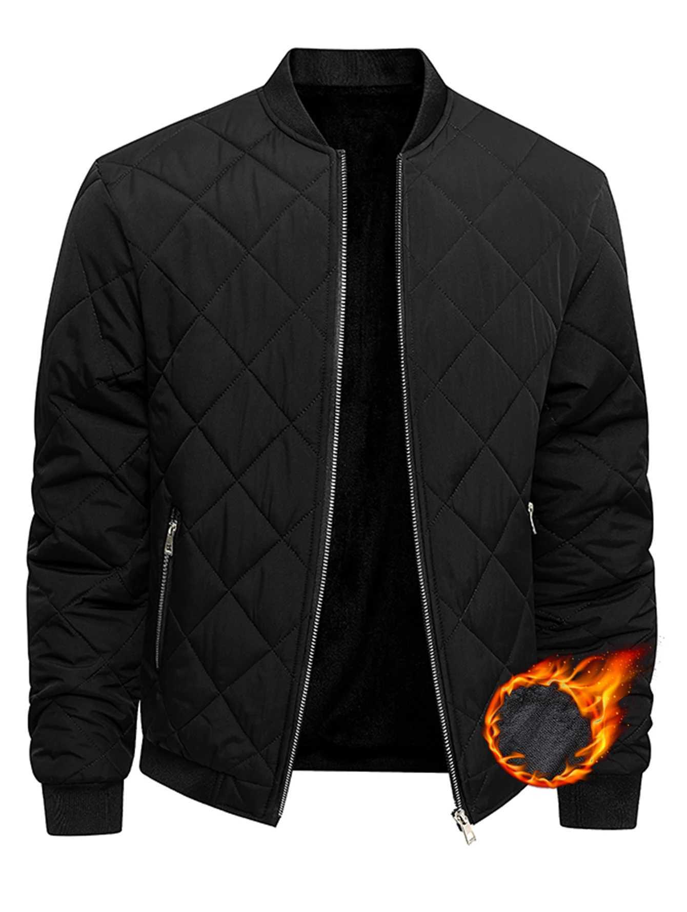 Mens Solid Padded Coat With Zipper Pockets Casual Baseball Collar Zip Up Long Sleeve Warm Coat For Winter Outdoor Activities W251209