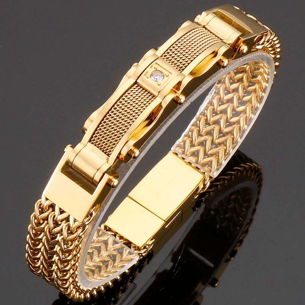 Luxury Bracelet For Men Gold Color 12Mm Wide Stainless Steel Square Franco Link Chain Men's Wrist Bracelets With Magnet Clasp
