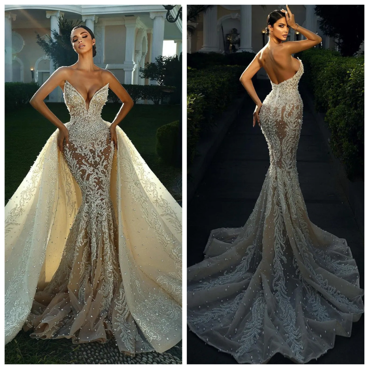 Sexy Mermaid Wedding Dress for bride Luxury Appliques Pearls Backless bridal Dress Deep V-Neck Detachable Sweep Tail Plus Size vestido de novia 1209