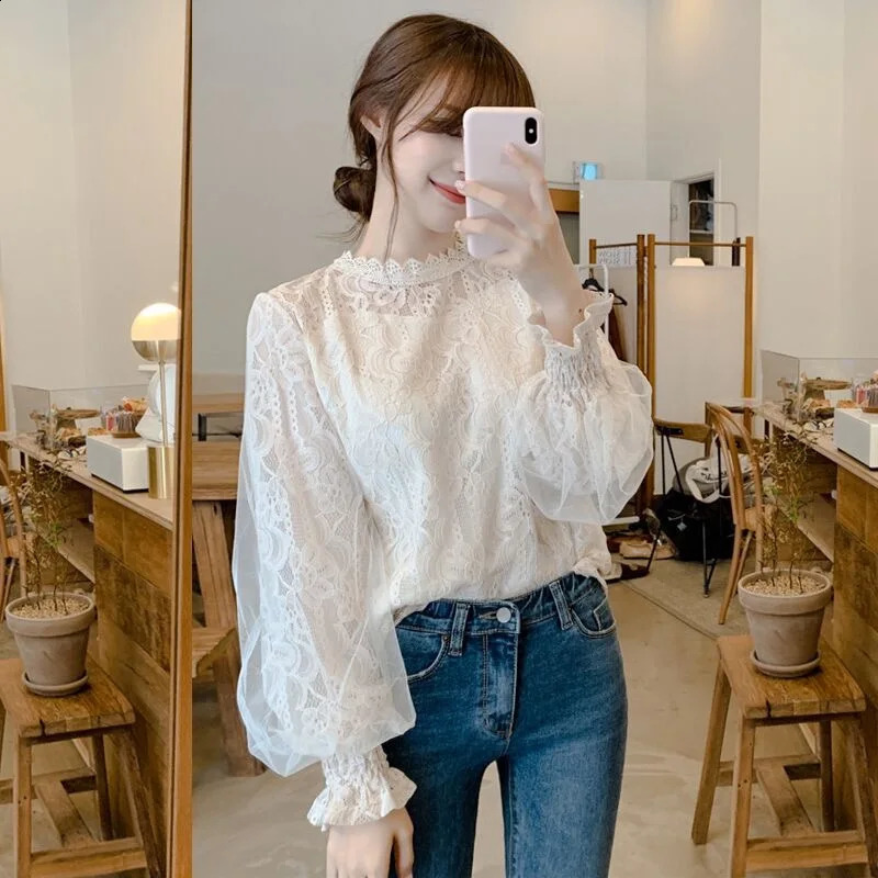 Mesh Lace Women Blouse Fashion Office Lady Long Sleeve Elegant Shirts Casual Loose Sweet Tops 251209