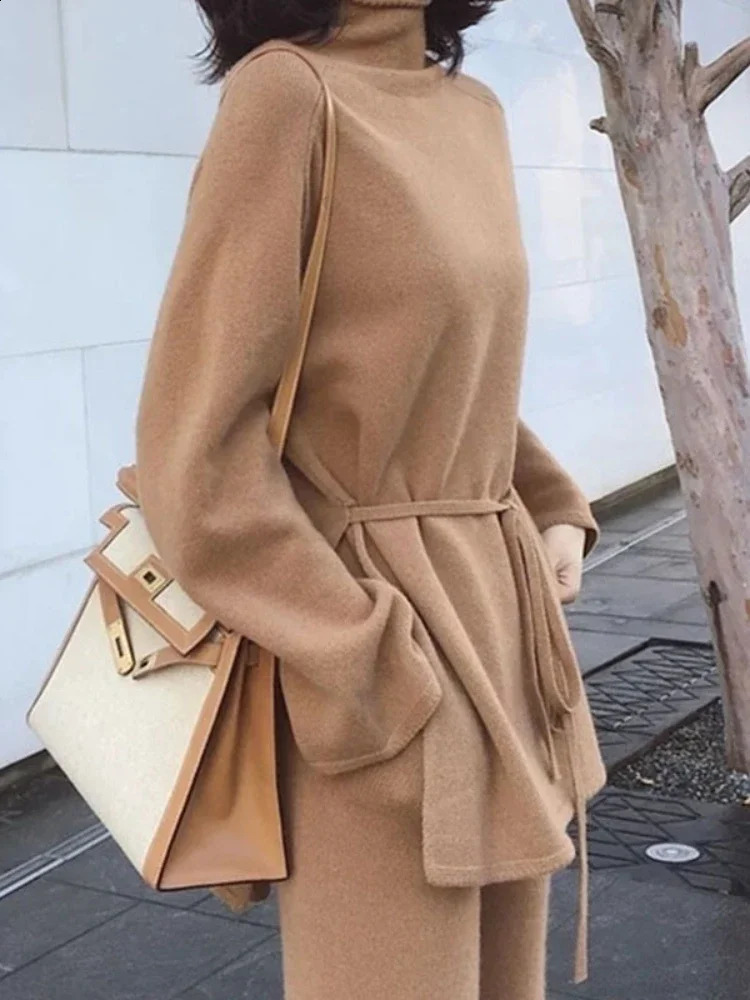 Autumn Winter Knit Womens Pullovers Two Piece Set Half High Collar Sweater Tops Wide Leg Pants Sets 2 Outfits 251209