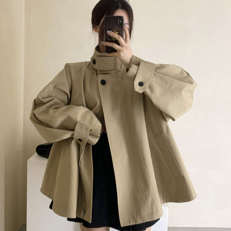 Autumn Winter Lazy Style New Niche Design Fashion Stand Collar Hem Elegant Trench Coat Women's Clothing B5