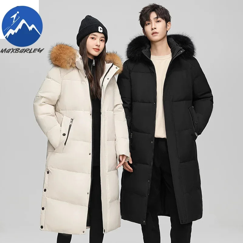 Winter Long Down Jacket Mens Trendy Thick Warm Hooded Fur Collar White Duck Down Coats Couples Snow Clothing Cold-proof Parka 251203