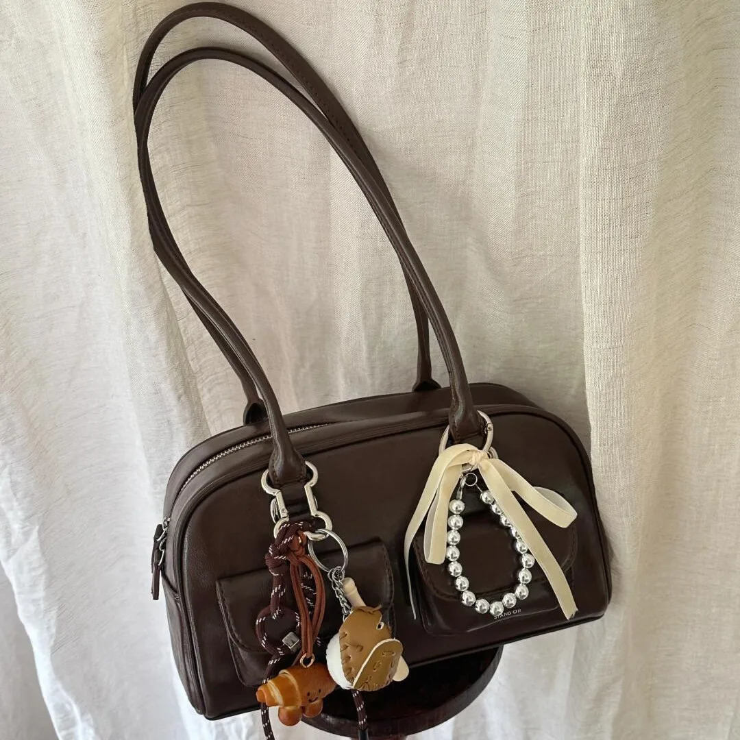 Large Capacity Brown Bowling Handbag Womens Shoulder Bag Retro Korean INS Style Autumn Winter 2025 Fashion Trend Bag251203
