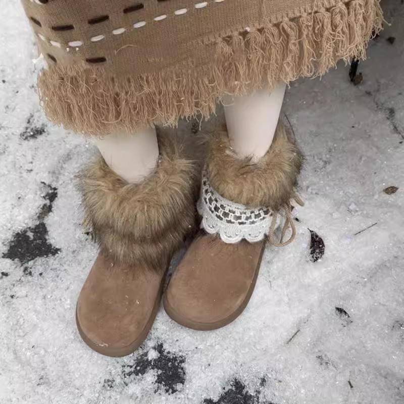 Free Shipping 2025 Women's Fleece-Lined Warm Winter Boots Lace Trim Fuzzy Collar Soft Suede Upper Non-Slip Sole Snowy Weather Casual Footwear